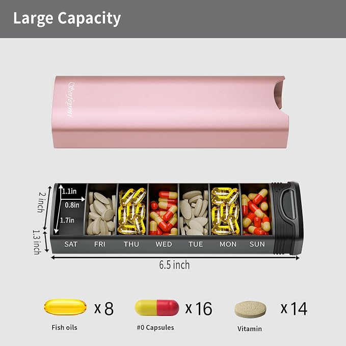 Metal Weekly Pill Organizer, Serfeymi Aluminum Daily Pill Box, 7 Day Pill Case - Image 6