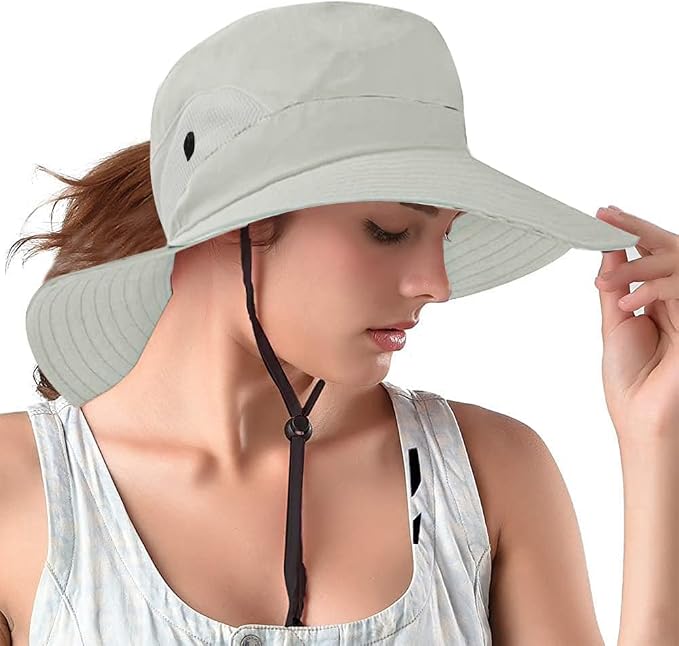 Rosoz Ponytail Sun Bucket Hats for Women UV Protection Foldable Mesh Wide Brim by Rosoz