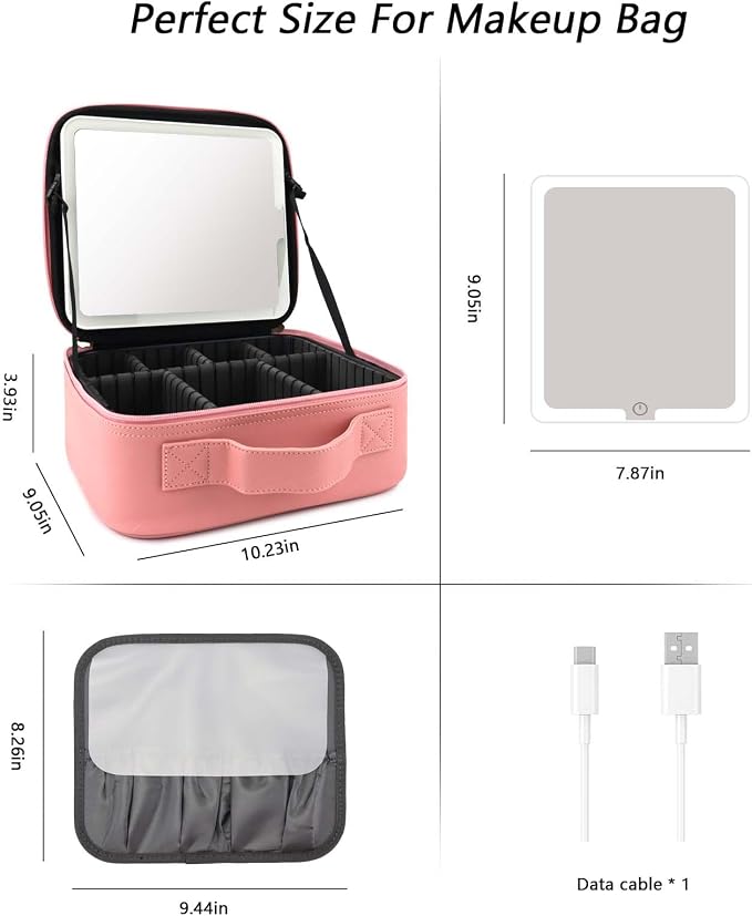 Travel Makeup Bag with LED Mirror Travel Makeup Organizer with 3 Lighted - Image 7
