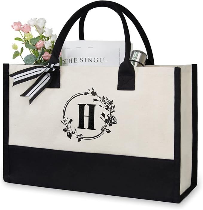 TOPDesign Personalized Initial Jute/Canvas Beach Bag, Monogrammed Gift Tote Bag by TOPDesign