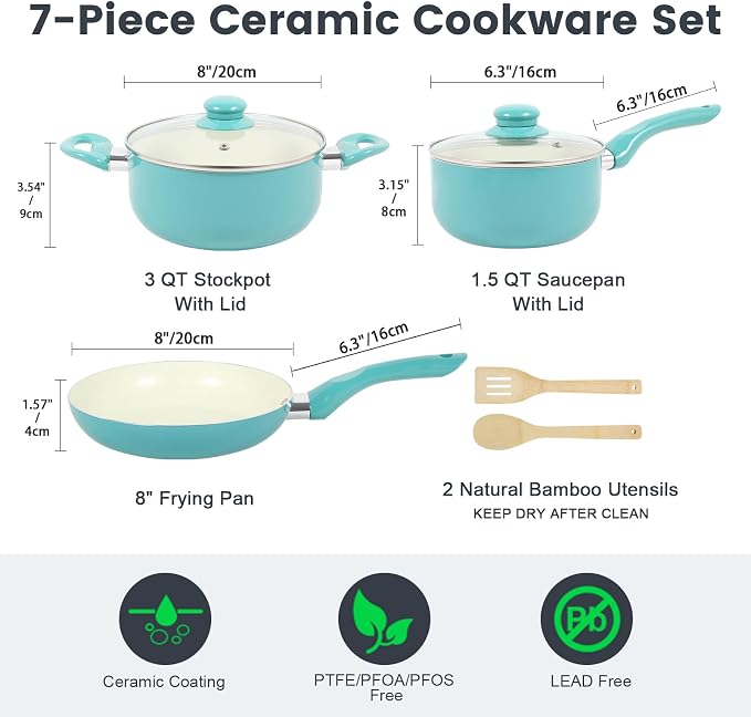Pots and Pans Set, 7 Piece Nonstick Ceramic Cookware Set, Kitchen Induction - Image 2