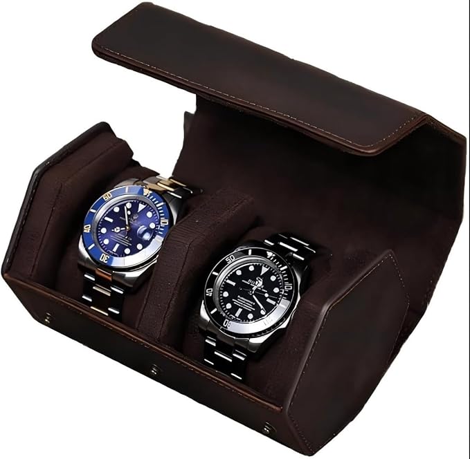 Genuine Leather Watch Roll Travel Case, Vintage Full Grain Leather Hexagon by UPRESYE