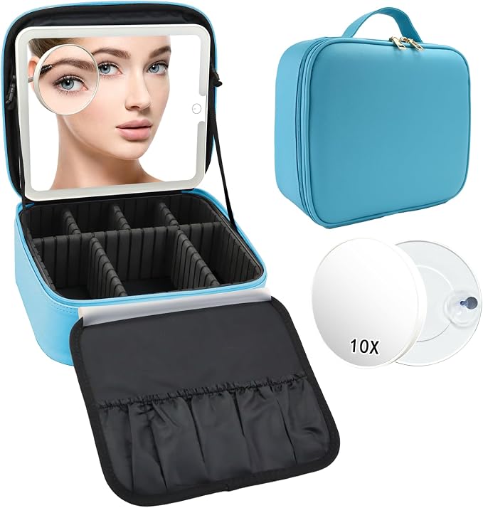 Travel Makeup Bag with LED Mirror and 10x magnifying glass with 3 Lighted by Unknown