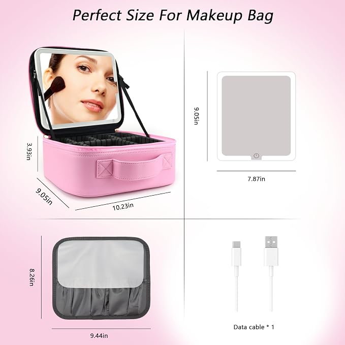 Travel Makeup Bag with LED Mirror Travel Makeup Organizer with 3 Lighted - Image 7