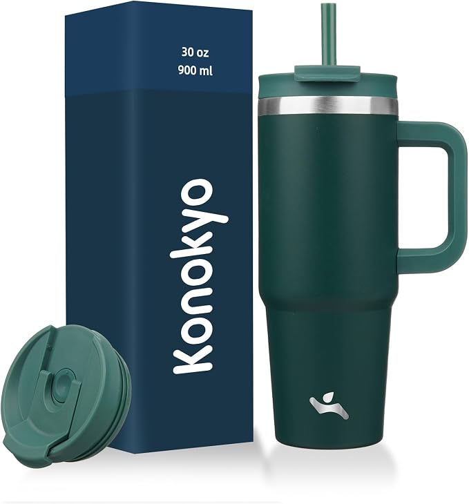 30 oz Tumbler with Handle and 2 Straws, 2 in 1 Lid Insulated Water Bottle by Konokyo