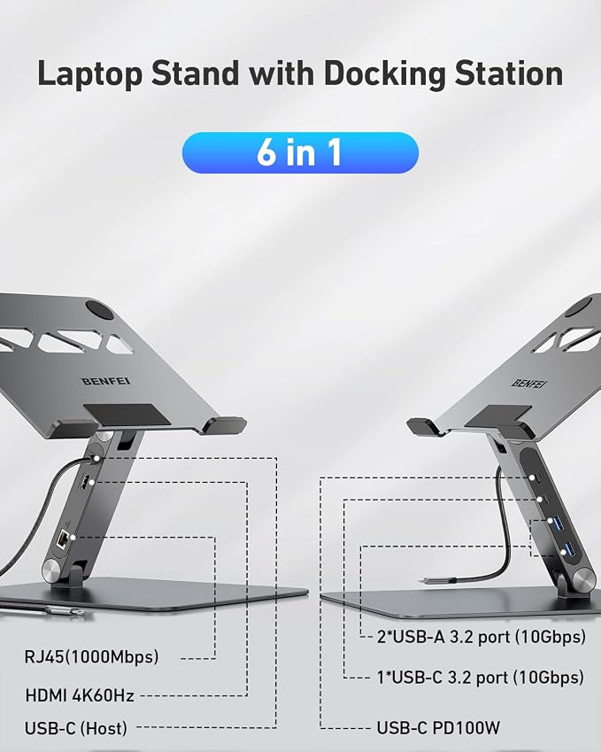 BENFEI Laptop Stand with USB C 6in1 Docking Station, HDMI 4K@60Hz, Gigabit - Image 2