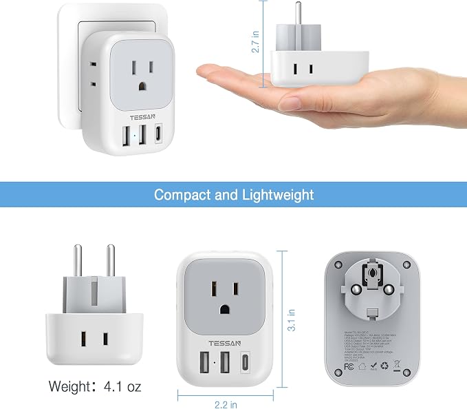 TESSAN 2 Pack Type E F Plug Adapter USB C, Germany France Power Adaptor - Image 5
