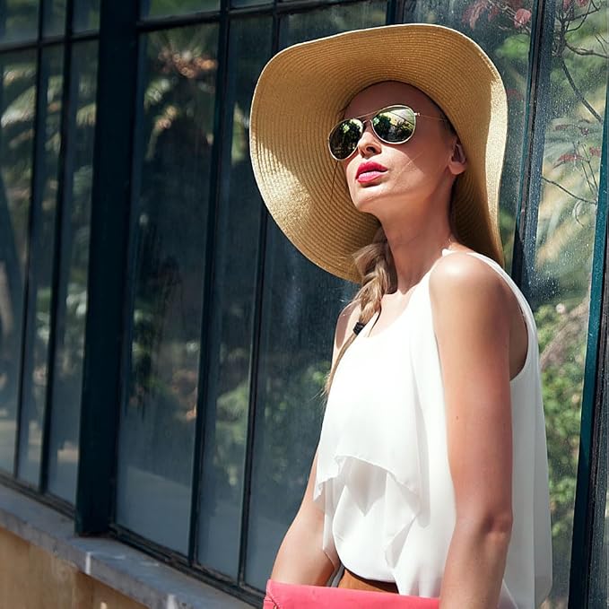 DRESHOW Beach Hats for Women Big Straw Wide Brim Summer Hat Floppy Foldable - Image 2