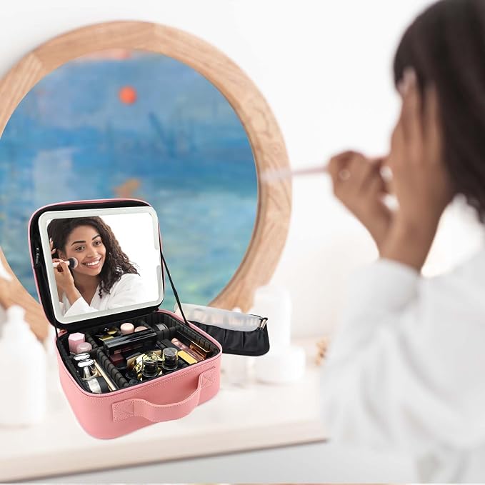 Travel Makeup Bag with LED Mirror Travel Makeup Organizer with 3 Lighted - Image 9