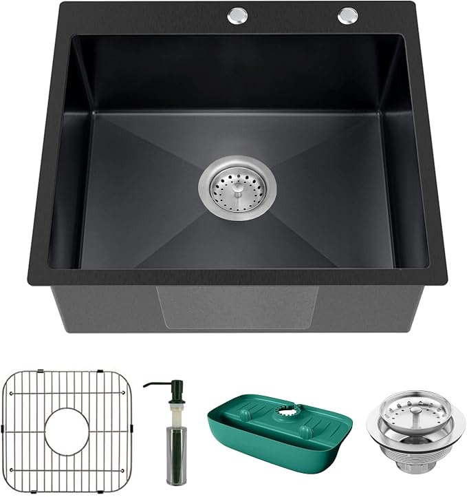 Black Kitchen Sink, Stainless Steel Topmount 25x22x9 Inch Single Bowl Drop In by Koardink