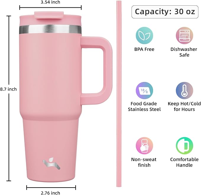 30 oz Tumbler with Handle and 2 Straws, 2 in 1 Lid Insulated Water Bottle - Image 4