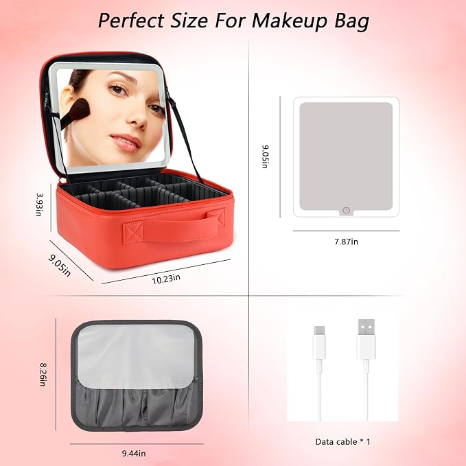 Travel Makeup Bag with LED Mirror Travel Makeup Organizer with 3 Lighted - Image 7