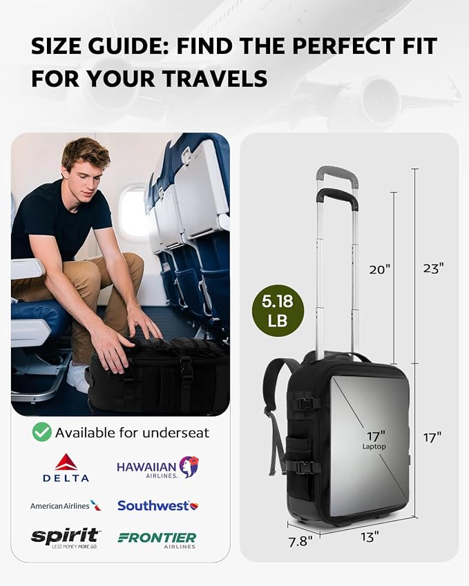 Rolling Tactical Laptop Backpack, Underseat Travel Backpack - Image 3