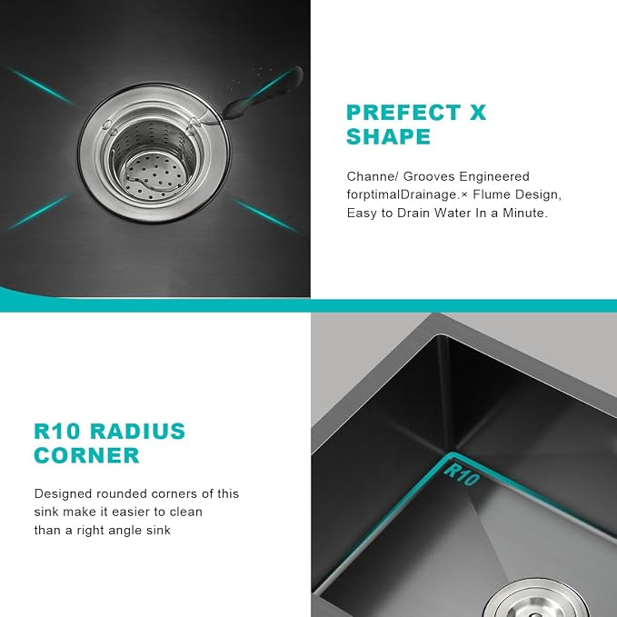 24x18 Inch Undermount Kitchen Sink Nano Black, 18 Gauge Stainless Steel Single - Image 5