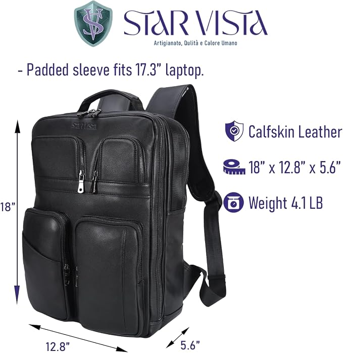 STAR VISTA Angelo 17.3" Premium Calfskin Leather Laptop Backpack - Image 6