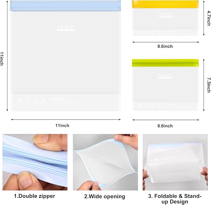 SPLF 10 Pack Stand-Up Reusable Snack Bags Dishwasher Safe, BPA Free Food - Image 3