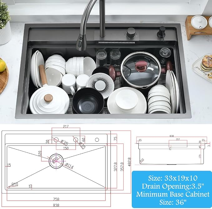 33 Inch Black Waterfall Kitchen Sink Workstation -Bokaiya 33x19 Drop In Kitchen - Image 9