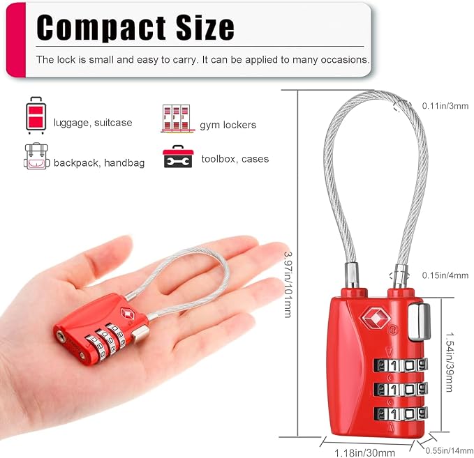 ZHEGE TSA Locks for Luggage 3 Digit Cable Padlock - Image 5