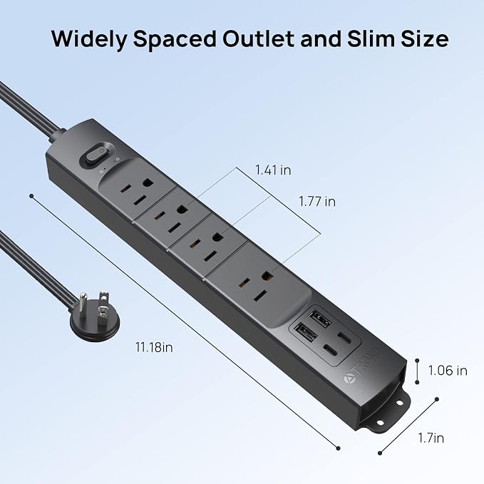 TROND Flat Plug Power Strip USB-10ft Flat Extension Cord Surge Protector Wall - Image 7