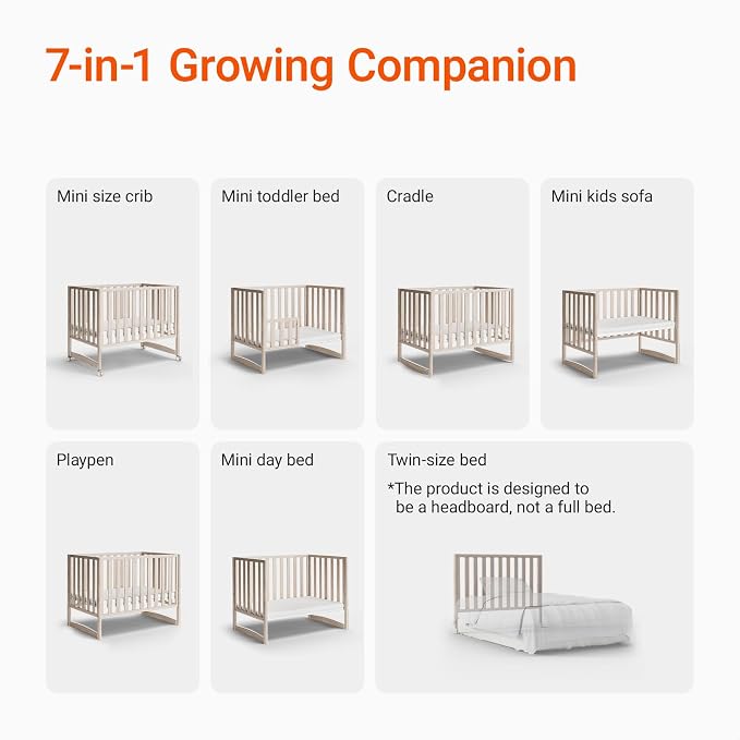 EvoNook 6-in-1 Convertible Mini Crib, 100% New Zealand Wood, 4 Adjustable - Image 5