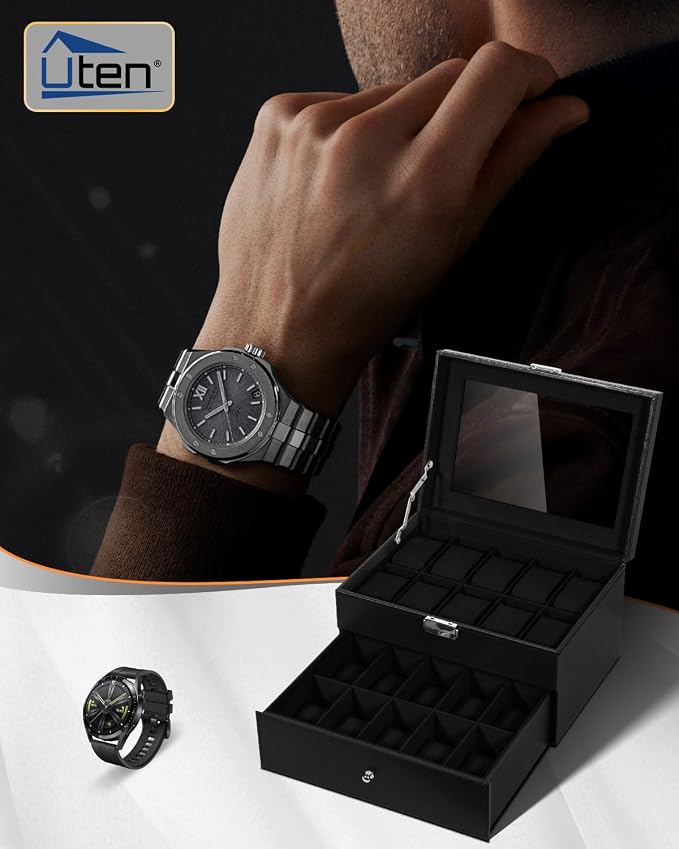 Uten 20-Slot Watch Box, 2-Layers PU Leather Watch Case - Image 2