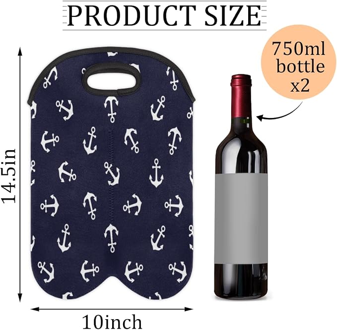 Nautical Anchors 2 Bottle Wine Carrier Tote Bag Insulated Wine Bottles Neoprene - Image 2