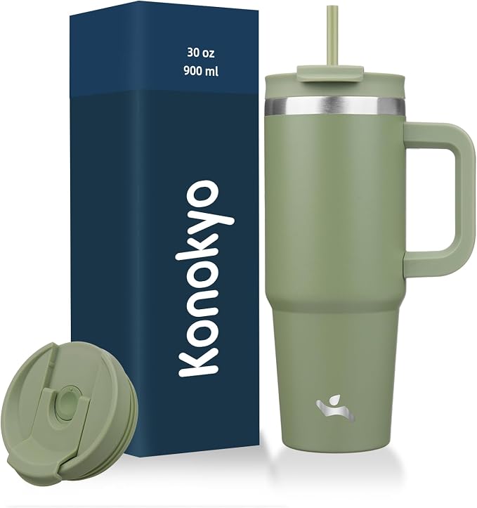 30 oz Tumbler with Handle and 2 Straws, 2 in 1 Lid Insulated Water Bottle by Konokyo
