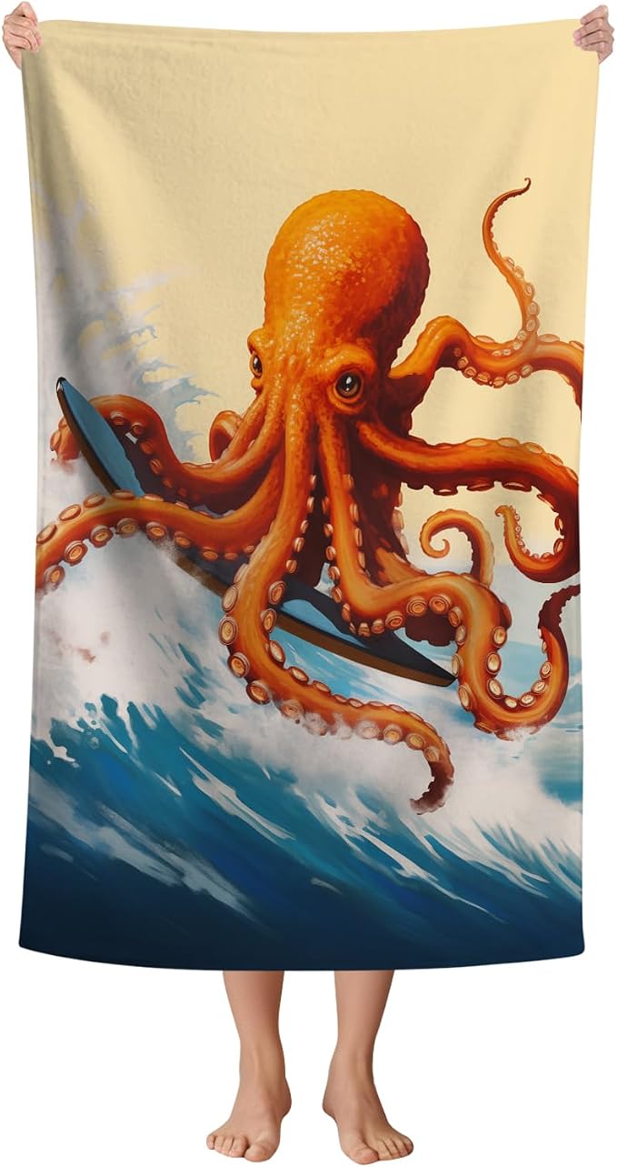 WZOMT Microfiber Octopus Beach Towel, Funny Octopus Surfing Ocean Animal Print by WZOMT