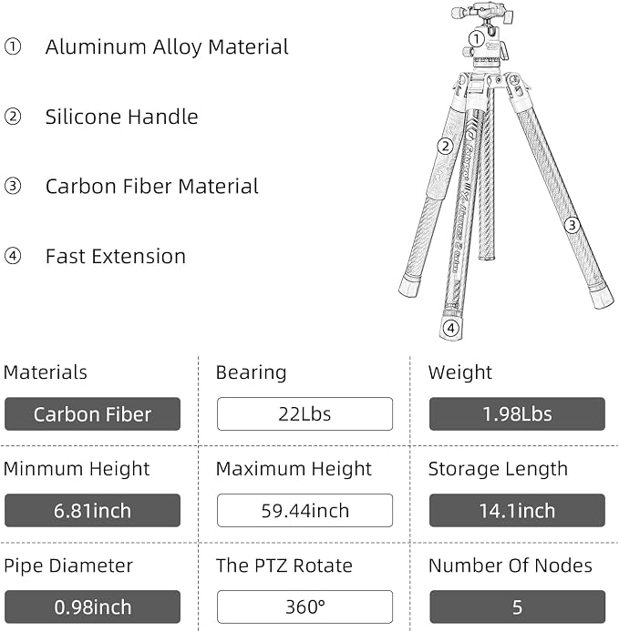 Fotopro Carbon Fiber Tripod 60 Inch 360 Degree Ball Head Quick Release Plate - Image 5