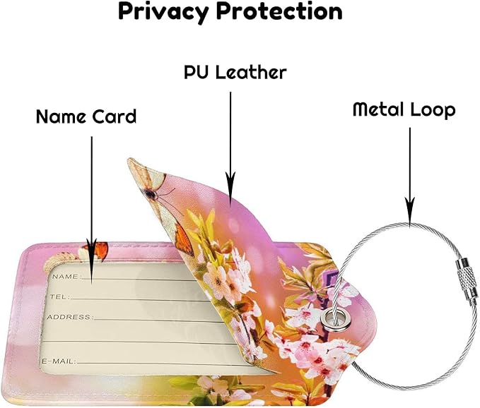 2 Packs Beautiful Spring Flowers PU Leather Luggage Tags Butterfly Suitcase - Image 3