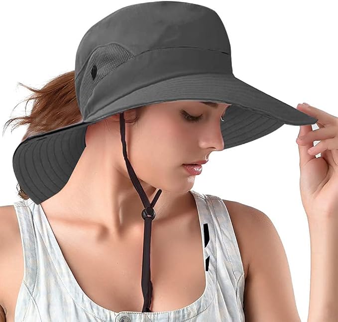 Rosoz Ponytail Sun Bucket Hats for Women UV Protection Foldable Mesh Wide Brim by Rosoz