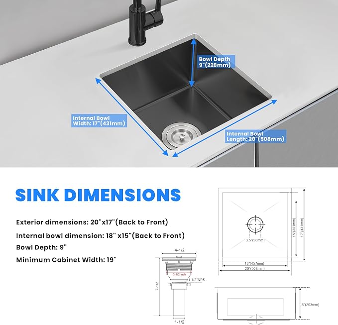 POPFLY 20 Inch Undermount Kitchen Sink, 20×17 Inch 304 Stainless Steel Sink - Image 7