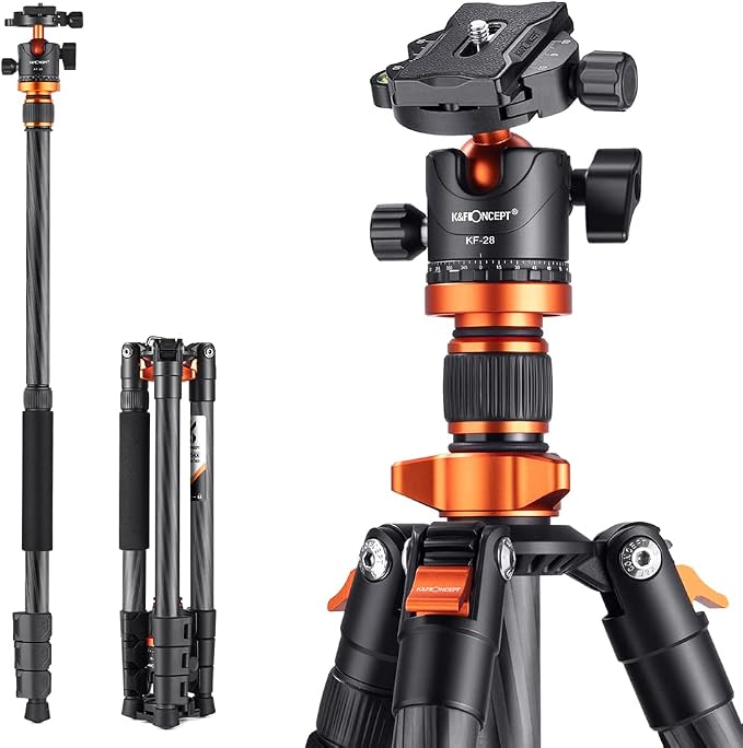 K&F Concept 63" Carbon Fiber Camera Tripods, D254C1+BH-28L Compact Tripod by KFCONCEPT