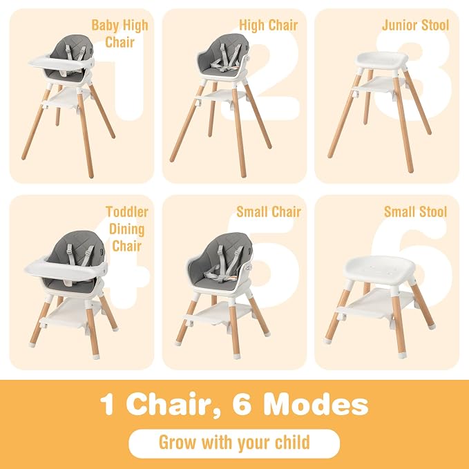 BABY JOY Baby High Chair, 6 in 1 Convertible Wooden High Chair - Image 2