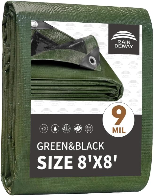 8x8 Feet Tarp Waterproof, 9Mil Thick, Finished Size Tarps, UV Resistant by RAINDEWAY