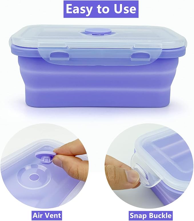 Purple Collapsible Meal Prep Containers Camping Bowls Silicone Bento Box - Image 5