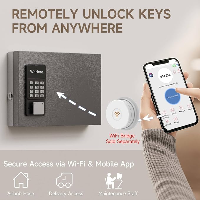 WeHere 16 Key Lock Box Wall Mount, APP Bluetooth/OTP/Wi-Fi/Fixed Code/Key Unlock - Image 5