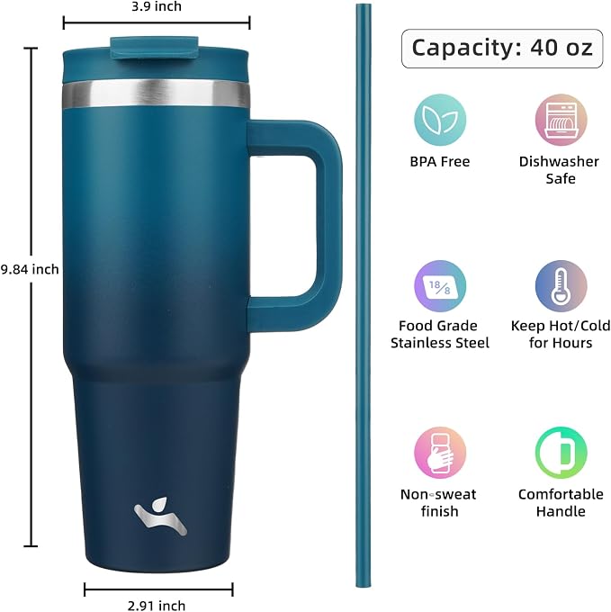 40 oz Tumbler with Handle and 2 Straws, 2 in 1 Lid Insulated Water Bottle - Image 4