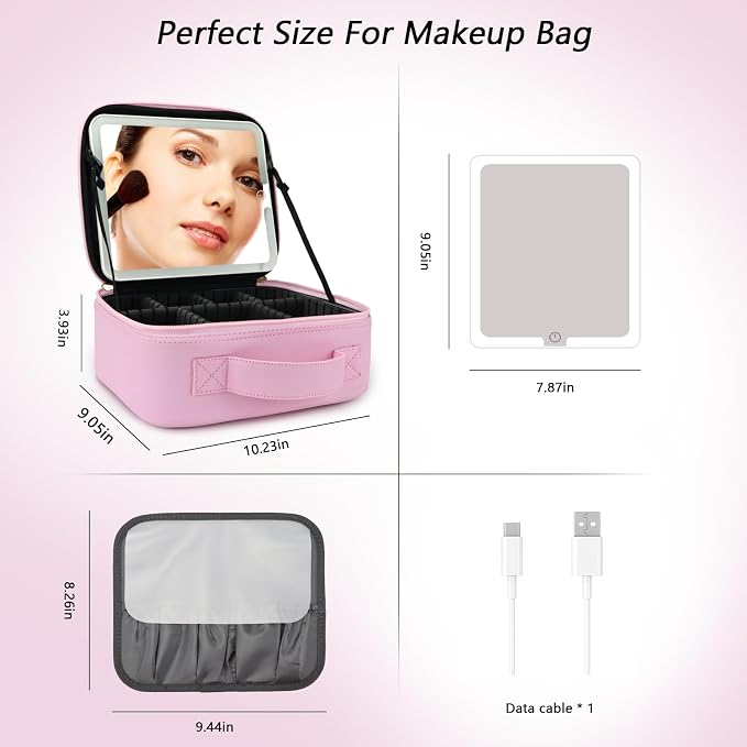 Travel Makeup Bag with LED Mirror Travel Makeup Organizer with 3 Lighted - Image 7
