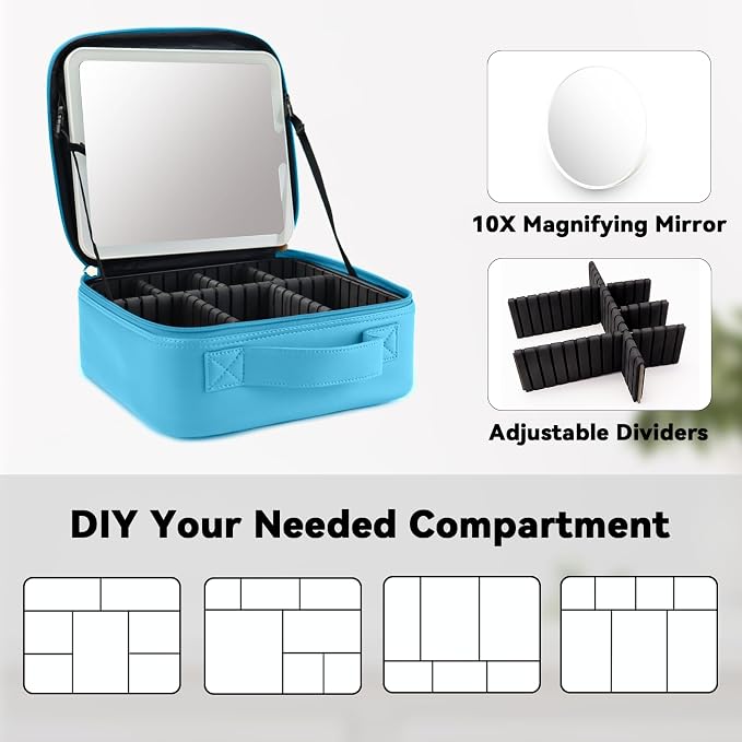 Travel Makeup Bag with LED Mirror and 10x magnifying glass with 3 Lighted - Image 4