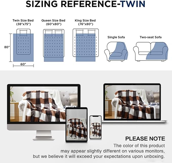 PU MEI Sherpa Blanket Twin Plaid Thick Bed Blanket, 60”*80” Super Soft Flannel - Image 6