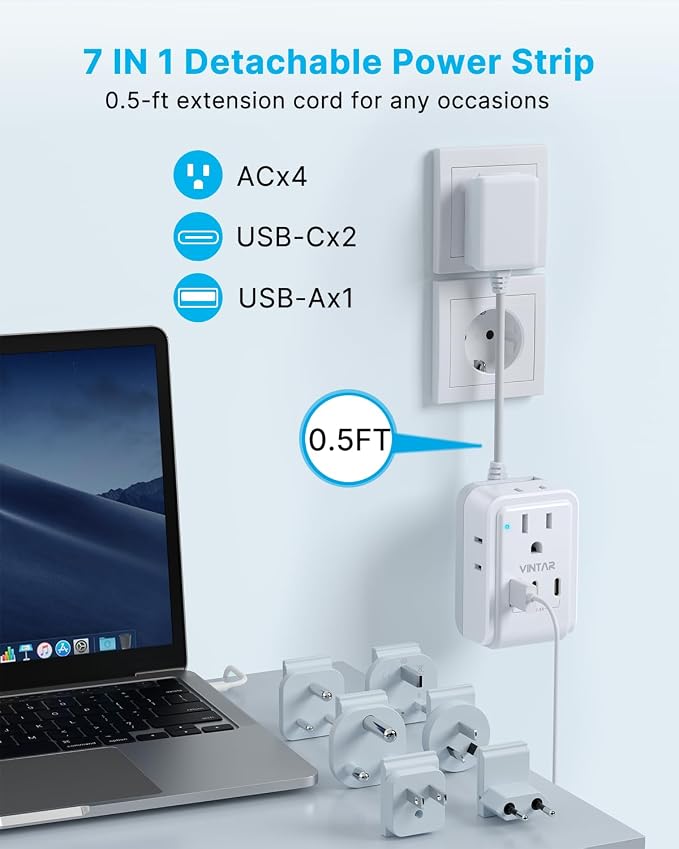 VINTAR Universal Travel Adapter Kit, 0.5ft Detachable Extension Cord - Image 4