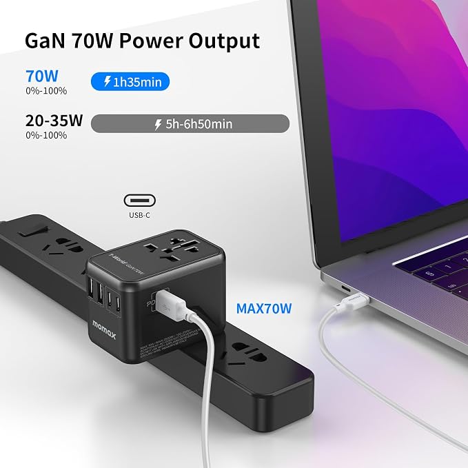 MOMAX Universal Travel Adapter, GaN 70W International Power Adapter, 3 USB-C PD - Image 3