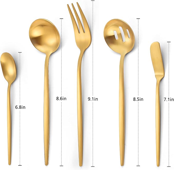 Matte Gold Serving Silverware Set, 5-Piece Round Shared Utensils Set of - Image 2
