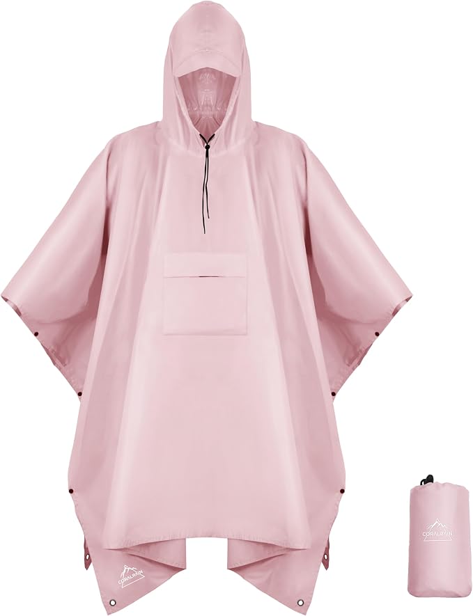Coralrain Hooded Rain Poncho Lightweight Waterproof Unisex Raincoat Jacket by Coralrain