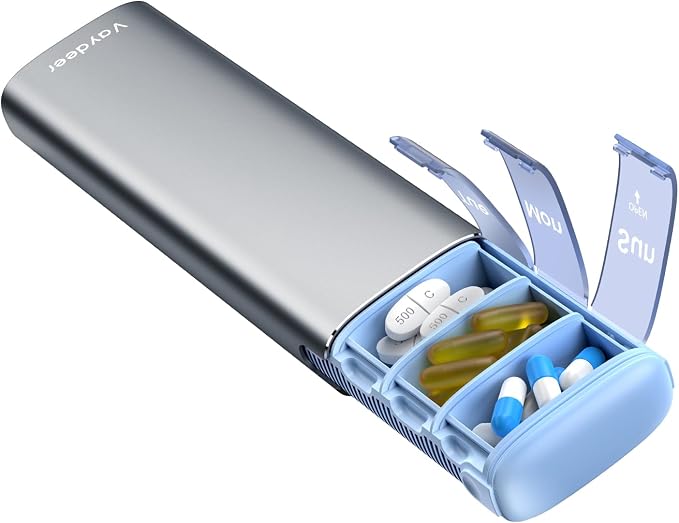 Vaydeer Metal Travel Pill Organizer, 7 Day Weekly Pill Box, Large Capacity by Vaydeer