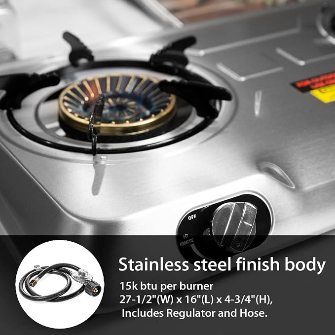 XtremepowerUS 25, 516BTU Double Burner Stove Auto Ignition Cooktop Outdoor LPG - Image 6
