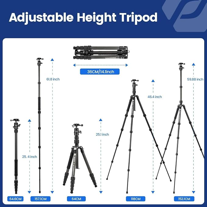 Fotopro 59" Carbon Fiber Travel Tripod, Lightweight Compact Camera Tripod - Image 5