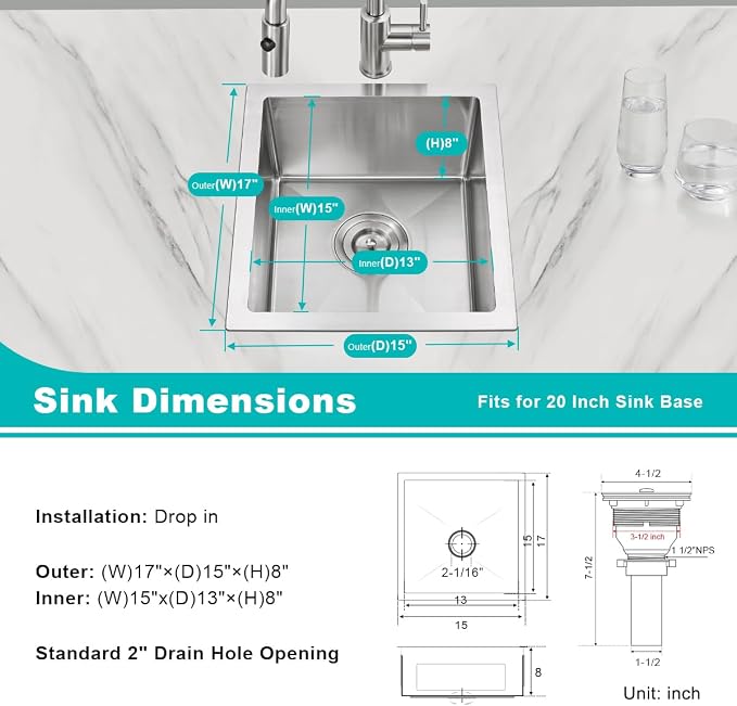 15 inch Undermount Bar Sink, Stainless Steel Handmade Single Bowl Kitchen Sink - Image 3
