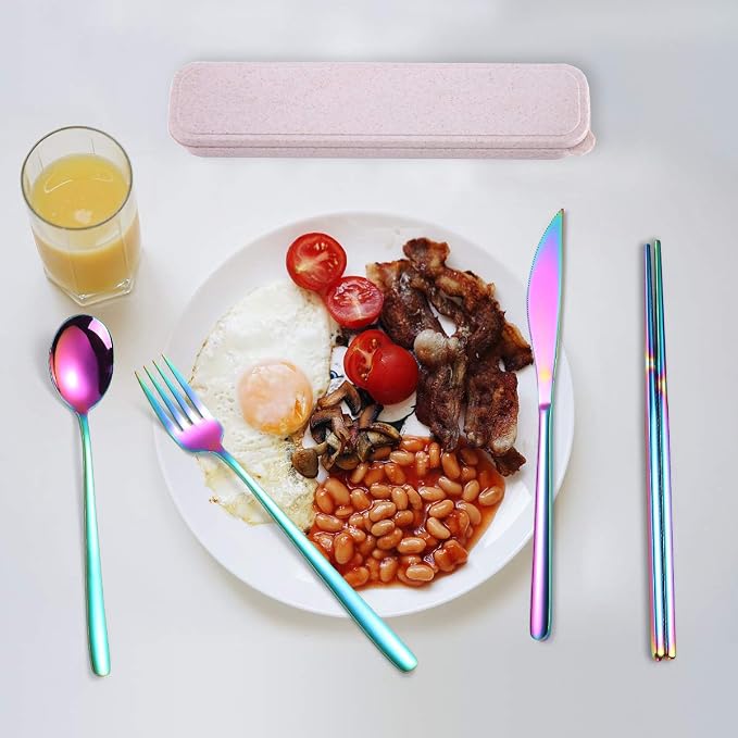 AARAINBOW 6 Pieces 18/8 Stainless Steel Flatware Set Portable Reusable Cutlery - Image 6